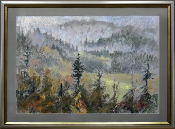 Marcin Kołpa, Las za mgłą, pastel, papier, 70x100 cm